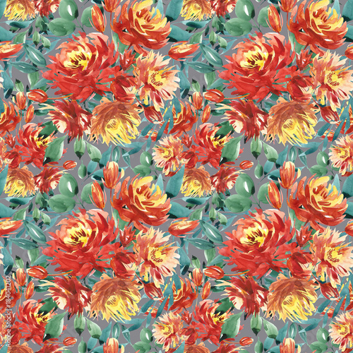 Seamless pattern with large watercolor flowers by red peonies. Elegant template for fashion prints. Dark green leaves.