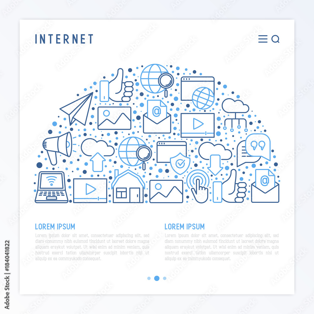 Internet concept in half circle with thin line icons: e-mail, chat, laptop, share, cloud computing, seo, download, upload, stream, global connection. Modern vector illustration for web page. Internet concept in half circle with thin line icons: e-mail, chat, laptop, share, cloud computing, seo, download, upload, stream, global connection. Modern vector illustration for web page.