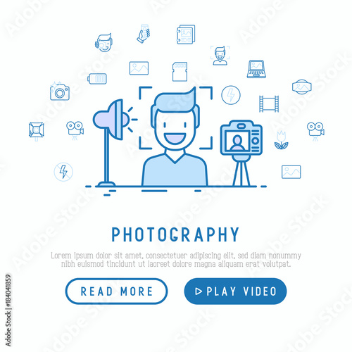 Photography concept with thin line icons of photographer, camera, film, flash, focus, light. Vector illustration, template of web page.