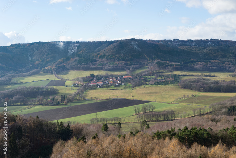 Rural countryside landscape and small village, Czech republic Sudetenland fall or winter