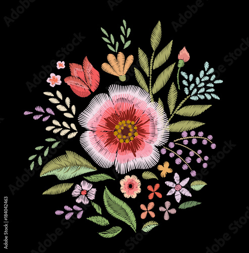 Fototapeta Naklejka Na Ścianę i Meble -  Embroidered wildflowers. Floral print. Design element.