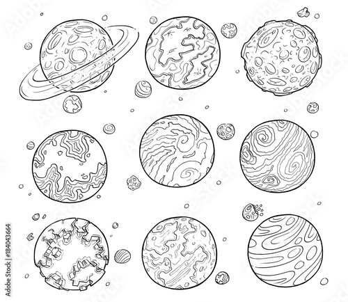 Set of Cartoon Drawings of Alien Planets.