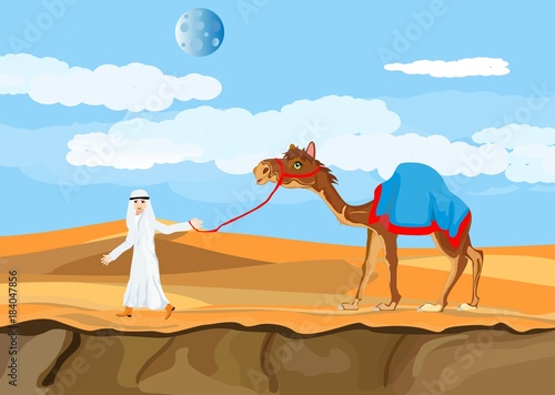 Arab man character with camel walking on desert, vector illustration.