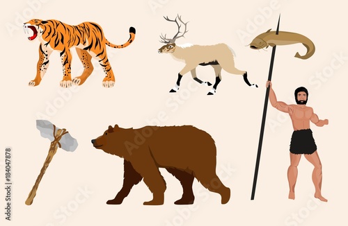 Stone age man and ice age animals, vector set