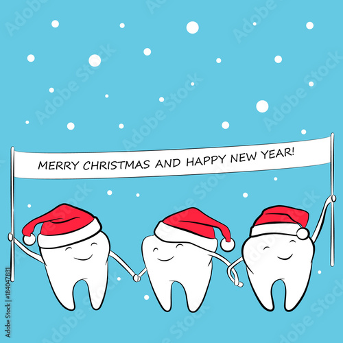 Healthy funny teeth in a santa hat with a banner in hands. Greeting card for Christmas and New Year. Vector illustration.