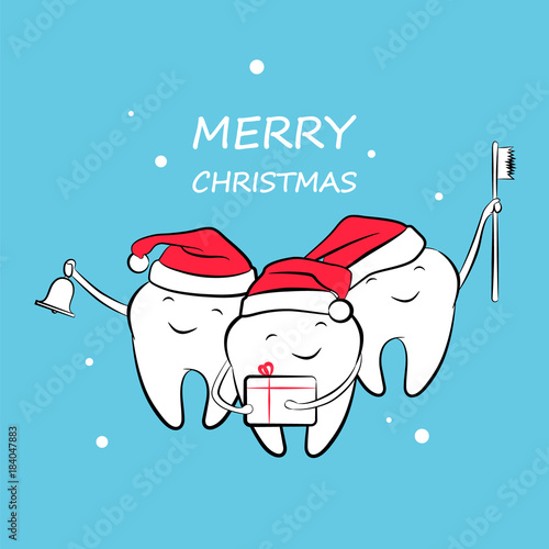 Funny Christmas teeth in a Santa hat with a bell, gift and toothbrush. Vector illustration.