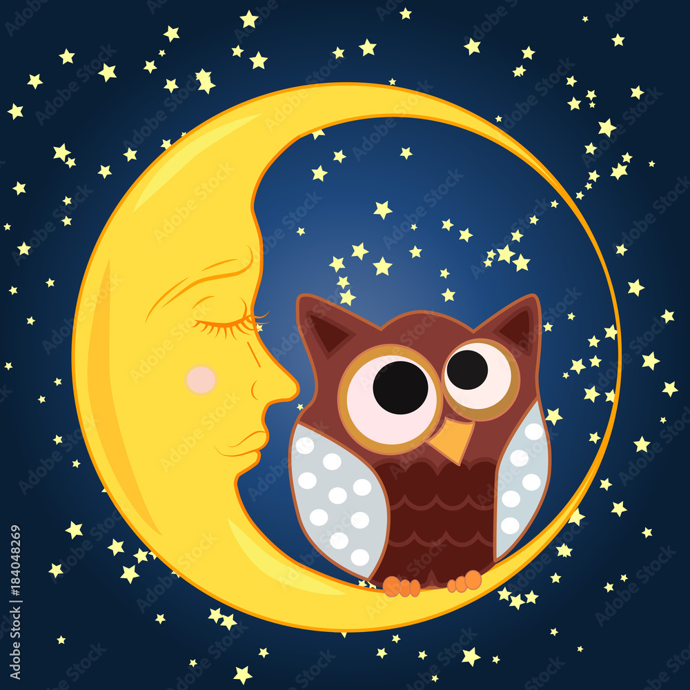 A sweet cartoon owl, with eyes drawn to the middle, sits on a drowsy  crescent moon against the background of the night sky with stars Stock  Vector | Adobe Stock