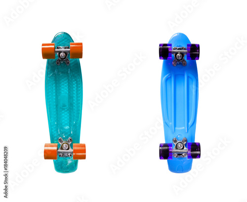 Two blue skateboards isolated on white background