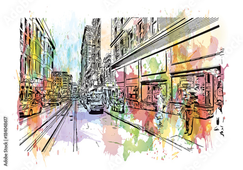 Watercolor splash with sketch of street San Francisco, California, USA in vector illustration.