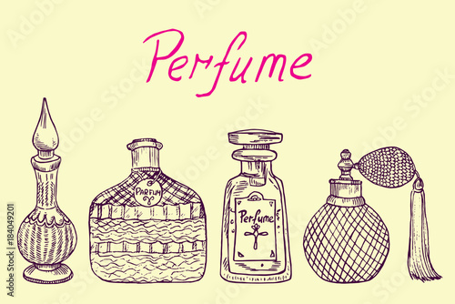 Perfume vintage collection of bottles from different countries (Arabic, German, French, American) with inscription, hand drawn doodle sketch, isolated vector outline  illustration