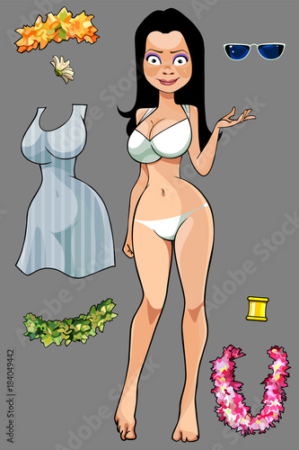 cartoon woman in swimsuit with different clothing options