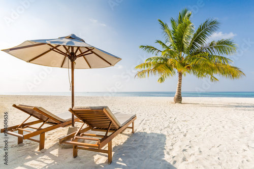 Perfect tranquil beach scene, soft sunlight and white sand and blue endless sea as tropical landscape