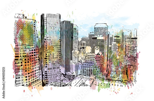 Watercolor splash with sketch of skyline San Francisco, California, USA in vector illustration.
