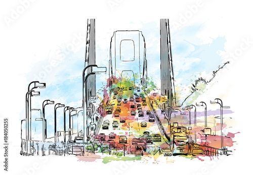 Watercolor splash with sketch of Golden Gate, San Francisco, California, USA. in vector illustration.