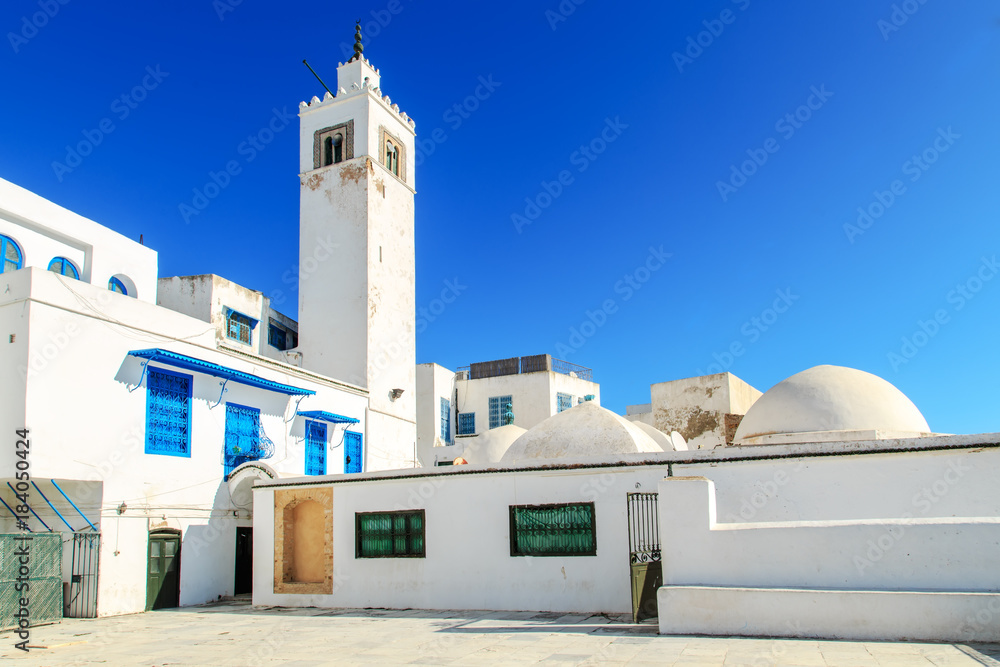 Mosque in white-blue city of Sidi Bou Said, Tunisia.