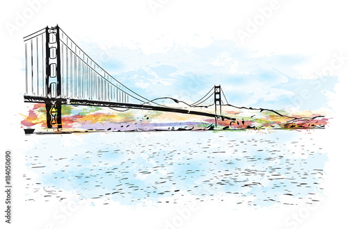 Watercolor splash with sketch of Golden Gate, San Francisco, California, USA. in vector illustration.