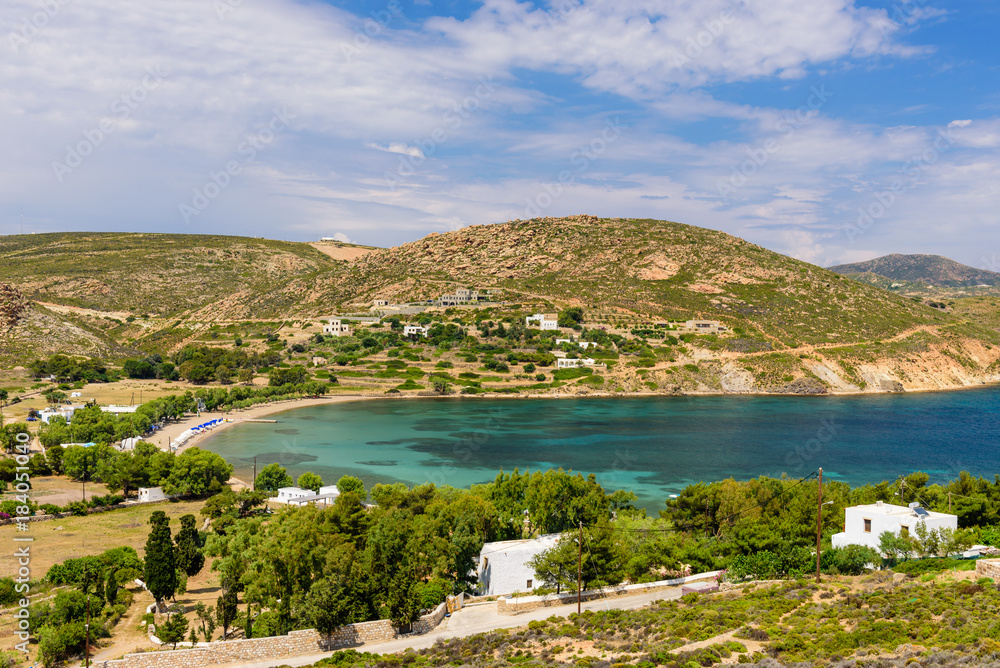 Beautiful aerial view of the beach. Agriolivado beach is a beautiful sandy beach on the island of Patmos, Dodecanese, Greece