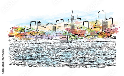 Watercolor splash with sketch of cityscape of San Francisco and skyline in vector illustration.