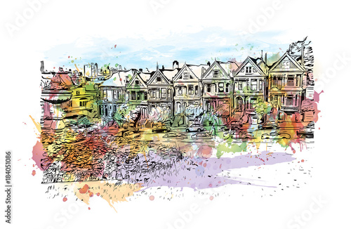 Watercolor splash with sketch of street San Francisco, California, USA in vector illustration.