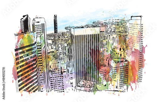 Watercolor splash with sketch of skyline San Francisco, California, USA in vector illustration.