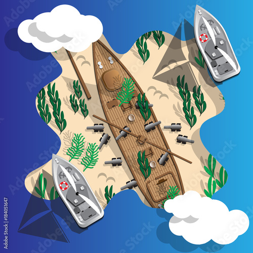 Sunken ship. Treasure Hunt. View from above. Vector illustration.