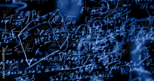 Mathematical formulas moving in on black background