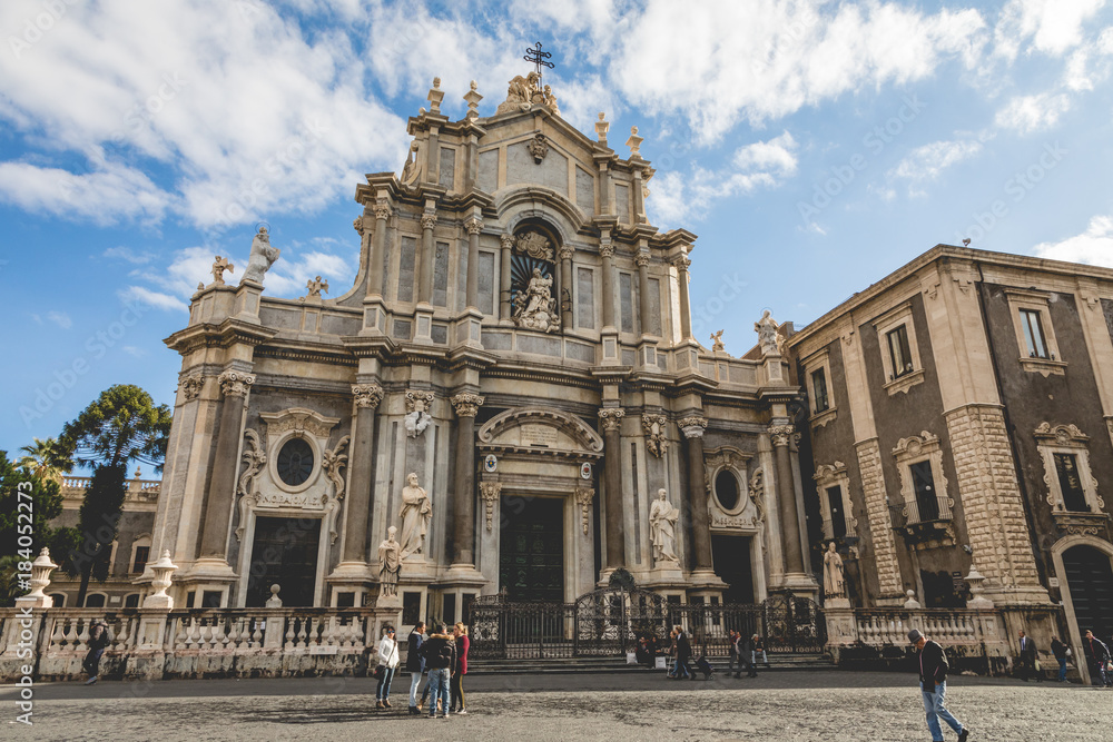 Piazza del Duomo in Catania with the Cathedral of Santa Agatha in Catania in Sicily, Italy.