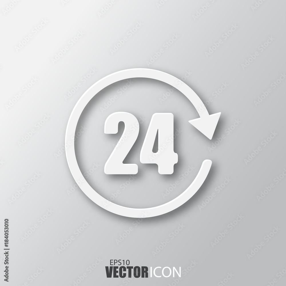 24 hours icon in white style with shadow isolated on grey background. 24 hours icon in white style with shadow isolated on grey background.