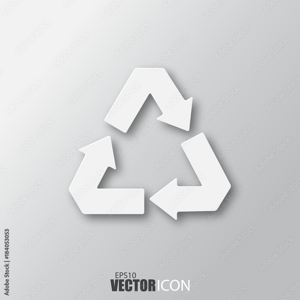 Recycle arrow icon in white style with shadow isolated on grey background. Recycle arrow icon in white style with shadow isolated on grey background.