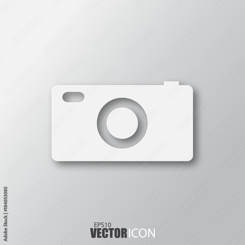 Camera icon in white style with shadow isolated on grey background. Camera icon in white style with shadow isolated on grey background.