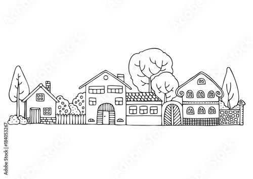 Street in the neighborhood. Hand drawn picture. Sketch for coloring book. Vector illustration for coloring page, isolated on white background. Template for poster. 