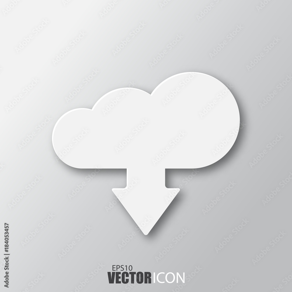 Download from cloud icon in white style with shadow isolated on grey background. Download from cloud icon in white style with shadow isolated on grey background.