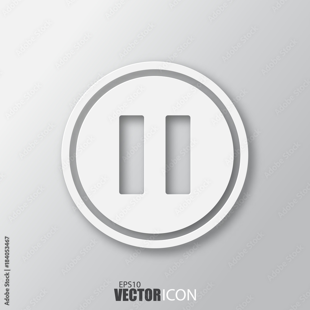 Pause icon in white style with shadow isolated on grey background. Pause icon in white style with shadow isolated on grey background.