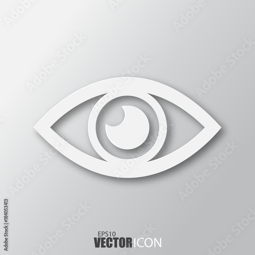 Eye icon in white style with shadow isolated on grey background.