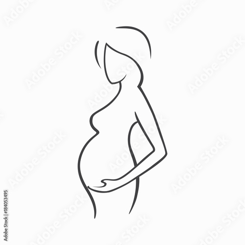 Drawing linear beautiful pregnant girl. Gynecological medicine stock illustration. Silhouettes of women Graphic vector icon