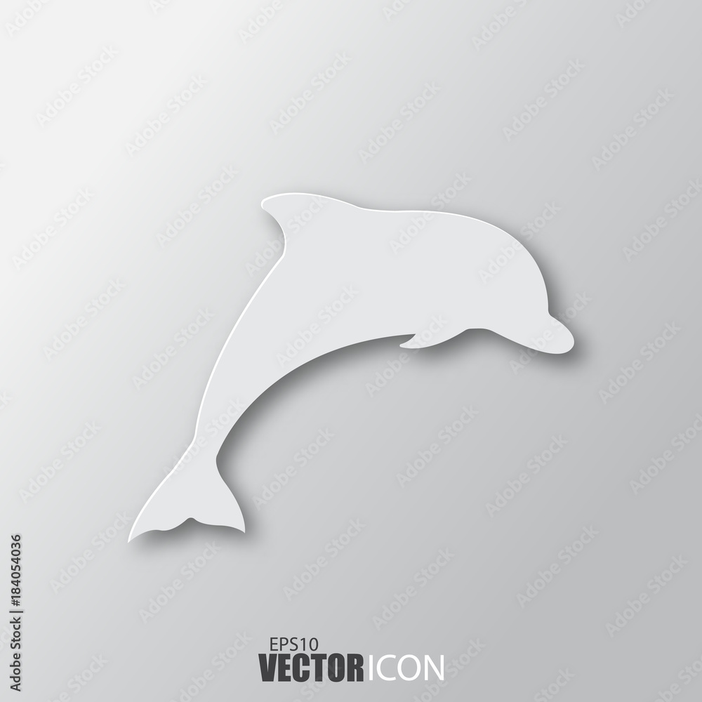 Dolphin icon in white style with shadow isolated on grey background.