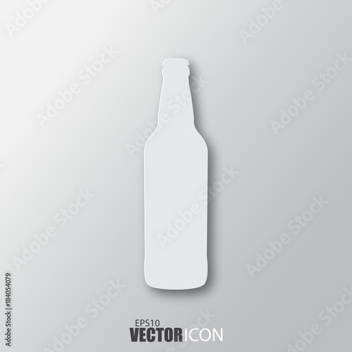 Beer bottle icon in white style with shadow isolated on grey background.
