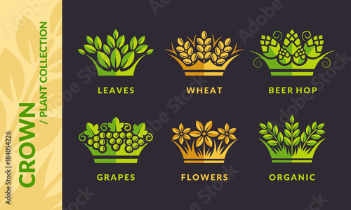 Set crown logo - plant collections - vector illustration, emblem design on black background