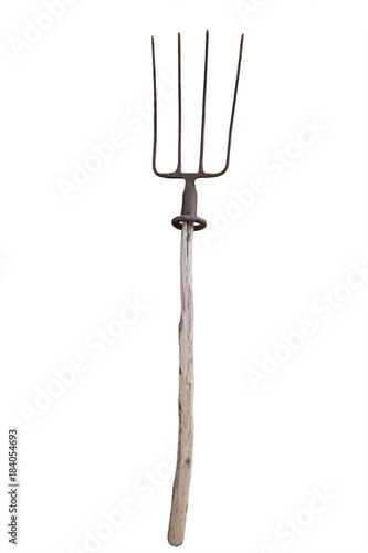 Fototapet Old rusty pitchfork over a white background.