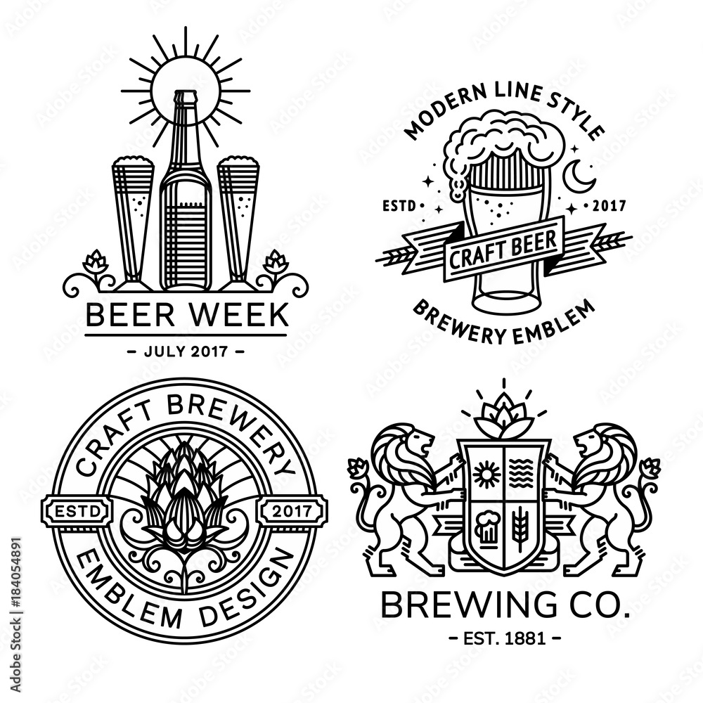 Fototapeta Ustaw logo piwa czarno-białe - ilustracji wektorowych, nowoczesny styl linii browar godło.