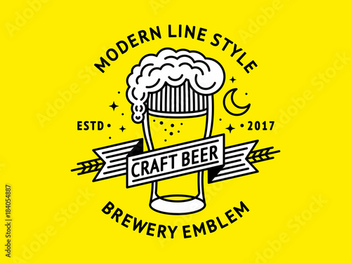 Beer logo - vector illustration, emblem brewery design with glass and ribbon modern line style.