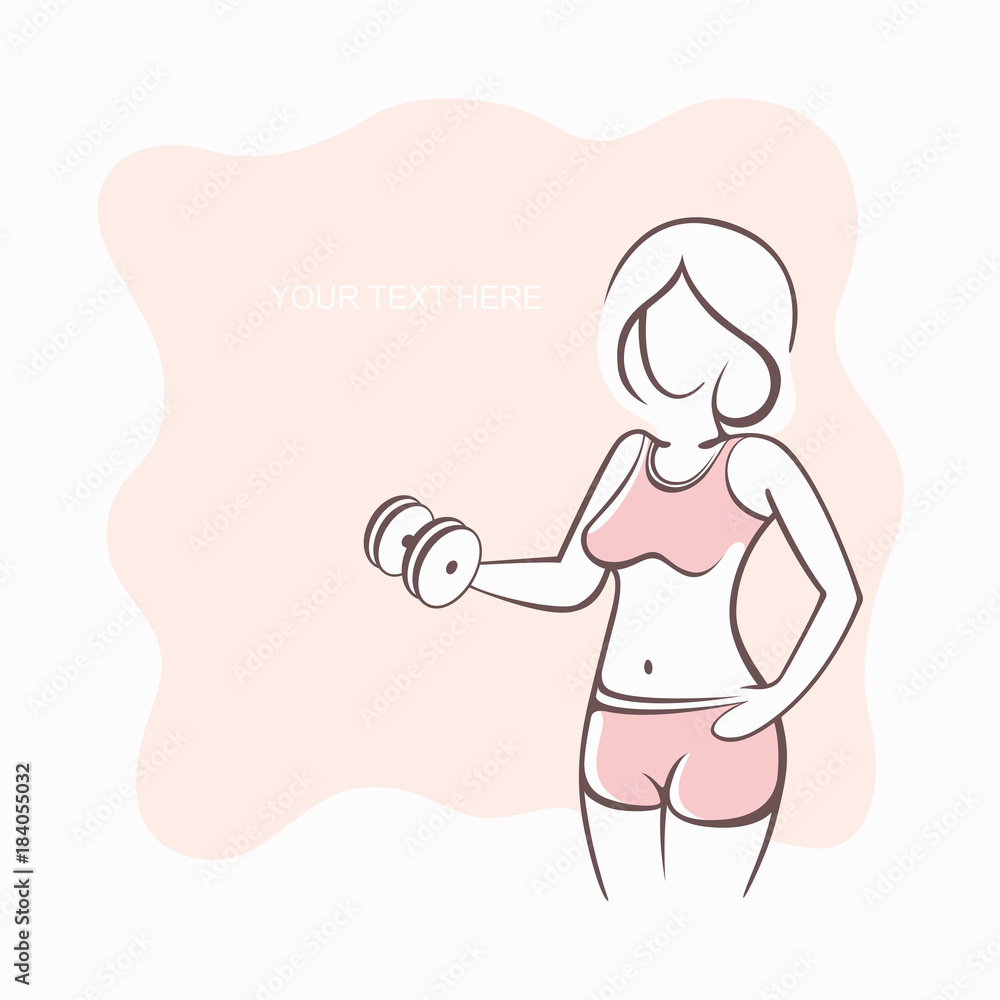 Sporty fit woman in the gym. Picture of a beautiful sexy girl with dumbbells in her hands. Vector illustration of a graphic outline silhouette
