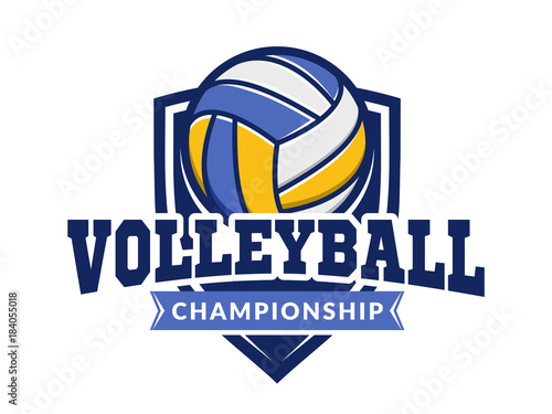 Volleyball championship logo, emblem, icons, designs templates with volleyball ball and shield on a light background