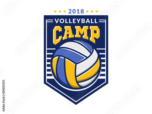 Volleyball camp logo, emblem, icons, designs templates with volleyball ball and shield on a light background