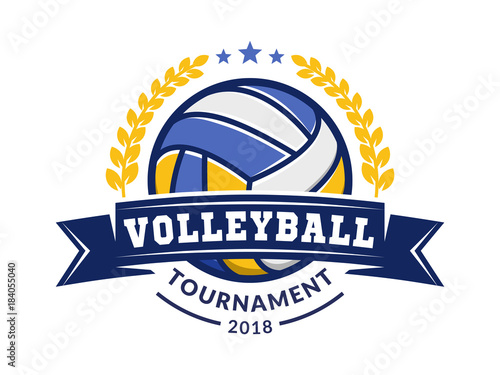 Volleyball tournament logo, emblem, icons, designs templates with volleyball ball and tape on a light background