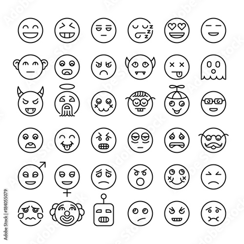 Set of detailed outline emoji. Modern style smileys. Different emotions faces. Emoticons collection.
