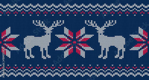Knitted seamless pattern for sweater. Vector background with deer