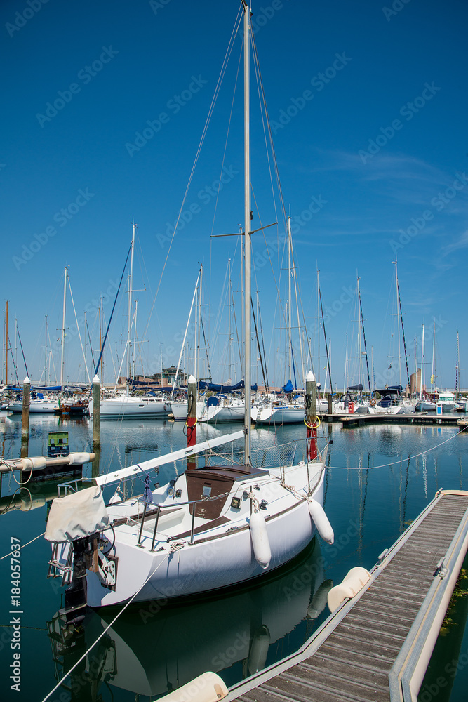 Yachts in the port waiting. Rimini, Italy.