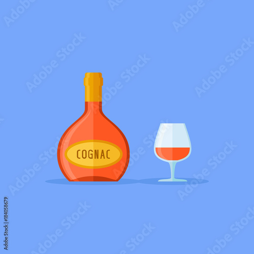Bottle and glass of cognac isolated on blue background. Flat style icon. Vector illustration.
