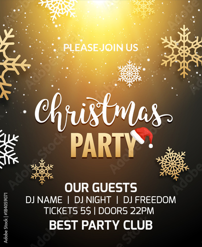 Christmas party poster invitation decoration design. Xmas holiday shiny light template background with snowflakes